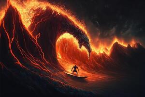 Hell infernal surfer surfing lava waves with surf board in flames illustration photo