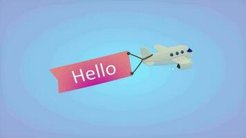 avión en azul antecedentes con texto en bandera, Hola. video