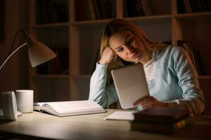 Young blonde woman studying at night photo