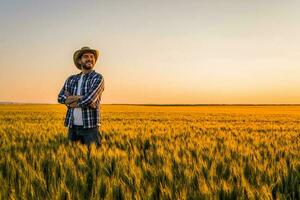 granjero en pie en un trigo campo foto