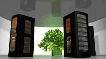 ecológico servidor sala, tecnologia, prateleira, árvore. video