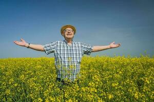 A farmer examining a rapeseed field photo