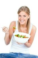 mujer promoviendo sano comiendo hábitos foto