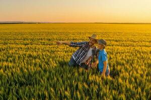 padre y hijo en pie en un trigo campo foto