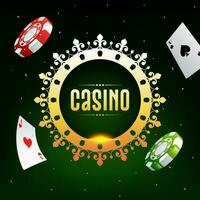 Casino banner or poster design with casino chips and aces card decorated on green background. vector