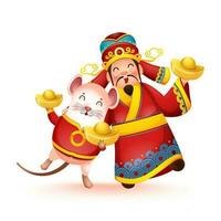 contento chino Dios de riqueza con dibujos animados rata participación lingotes en blanco antecedentes. vector
