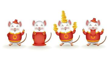 Different Activity of Cartoon Rat holding Chinese Gold with Blank Scroll Paper given for your message on White Background. vector