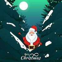 Merry Christmas celebration greeting card design with santa claus character and xmas tree on full moon background. vector