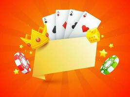 3D illustration of casino chips with crown, dice and playing cards on orange rays background with blank paper given for your message. vector