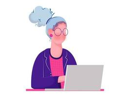 Woman Character Working in Laptop on white background. vector