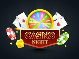publicidad bandera o póster diseño con ruleta rueda, póker papas fritas, dado y jugando tarjetas para casino noche. vector