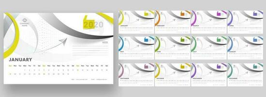 Complete set of 12 months for 2020 yearly calendar design with abstract geometric background. vector