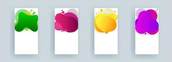 Set of vertical banner or flyer design with space for your message on different color fluid art abstract background in four option. vector