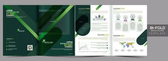 Front and Back View of Business Bi-Fold Brochure Template Layout, Annual Report in Green and White Color. vector