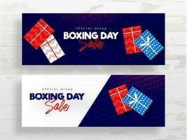 boxeo día rebaja encabezamiento o bandera diseño conjunto con parte superior ver de regalo cajas en blanco y azul puntos antecedentes. vector