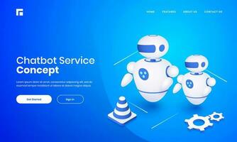 3D illustration of Android Robots with cone and cog wheel on blue background for Chatbot Service concept based landing page design. vector