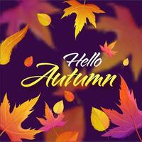 Hello Autumn Font With Gradient Leaves Decorated Purple Background. vector