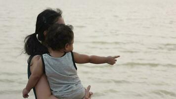 Family happy, Mother and baby doing outdoor activities on the shore of a lake at sunset in summer. video