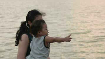 Family happy, Mother and baby doing outdoor activities on the shore of a lake at sunset in summer. video