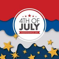 4th Of July, Independence Day Label with Golden Stars on American Flag Color Wavy Paper Cut Background. vector