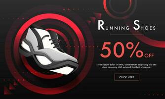 Advertising web banner design with discount offer on brown abstract background for Running Shoes. vector