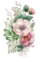 Aquarell Blumen- Strauß Illustration einstellen erröten Rosa Blau Gelb Blume Grün Blatt Blätter Geäst Blumen ai generativ png