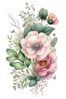 aquarelle floral bouquet illustration ensemble rougir rose bleu Jaune fleur vert feuille feuilles branches fleurs ai génératif png