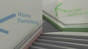 Department store staircase sections floor. Kitchen appliances, home furnishing. video