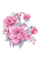 Aquarell Blumen- Strauß Illustration einstellen erröten Rosa Blau Gelb Blume Grün Blatt Blätter Geäst Blumen ai generativ png