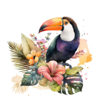 Tropical Bird Clipart banana leaves, paradise flowers, beak, purple feather. Amazon wildlife summer nature png