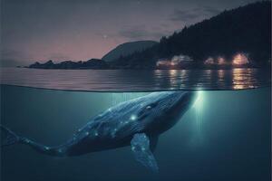 whale in a magic underwater night ocean illustration photo