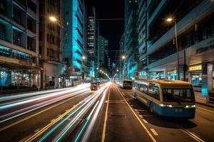 lights trail in a futuristic downtown district of hong kong illustration photo