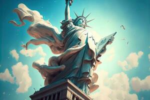 estatua de libertad escapando corriendo fuera de nuevo York ciudad ilustración generativo ai foto