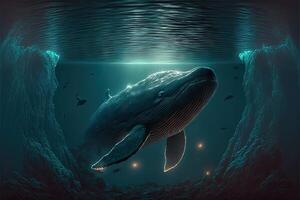 ballena en un magia submarino noche Oceano ilustración generativo ai foto