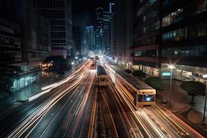 lights trail in a futuristic downtown district of hong kong illustration photo