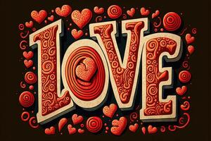 retro estilo amor palabra hecho de rojo corazones enamorado día concepto ilustración generativo ai foto