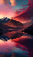 majestic mountain range, with vibrant hues of orange and pink filling the sky and reflecting on a tranquil lake below smartphone background screen wallpaper illustration photo