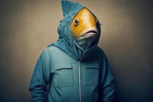 Man disguised with a fish costume for the april fool's day joke illustration photo