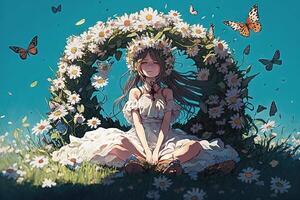 bonito niña con un flor corona, sentado en un campo de margaritas y rodeado por mariposas, manga estilo ilustración generativo ai foto