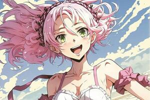 Pretty Manga girl with pink and white hair and a frilly dress, spreading joy and happiness wherever she goes, manga style illustration photo