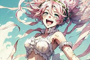 bonito manga niña con rosado y blanco pelo y un con volantes vestido, extensión alegría y felicidad donde quiera ella va, manga estilo ilustración generativo ai foto