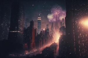 celebrando nuevo año víspera en nuevo York fuegos artificiales en el cielo ilustración generativo ai foto