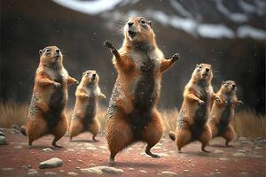 muchos marmotas bailando para marmota día. marmota celebracion 2 febrero ilustración generativo ai foto