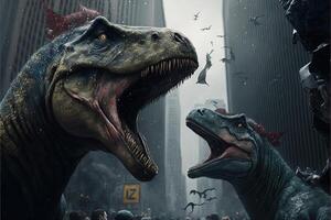 dinosaurs attacking new york illustration photo