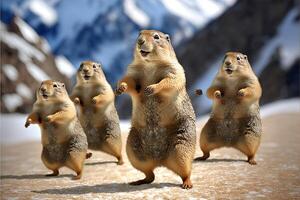 muchos marmotas bailando para marmota día. marmota celebracion 2 febrero ilustración generativo ai foto