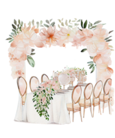 Set of watercolor wedding elements. The bride ,shoes, cake, bouquet, plate and appliances, camera, champagne glasses, flower arch png