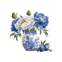 blauw wit pioenen clip art waterverf roos oranje blauw en bladeren ai generatief png