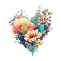 Watercolor flowers hearts floral bouquet pink blue yellow png