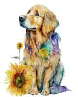 Golden retriever dog with sunflower watercolor illustration, png
