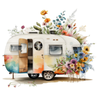 Flower market on camp van, watercolor clipart, png